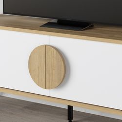 TV cabinet made of wood and metal in white and oak colour, 140 x 35 x 51 cm | Vae