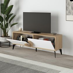 TV cabinet made of wood and metal in white and oak colour, 140 x 35 x 51 cm | Vae