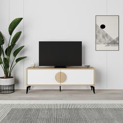 TV cabinet made of wood and metal in white and oak colour, 140 x 35 x 51 cm | Vae