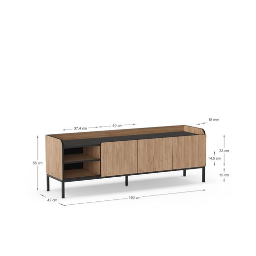Wooden and metal TV stand in oak color, 160 x 42 x 55 cm | Adara