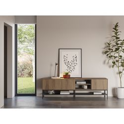 Wooden and metal TV stand in oak color, 180 x 35 x 55 cm | Amira