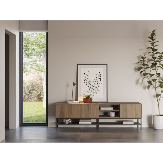 Wooden and metal TV stand in oak color, 180 x 35 x 55 cm | Amira