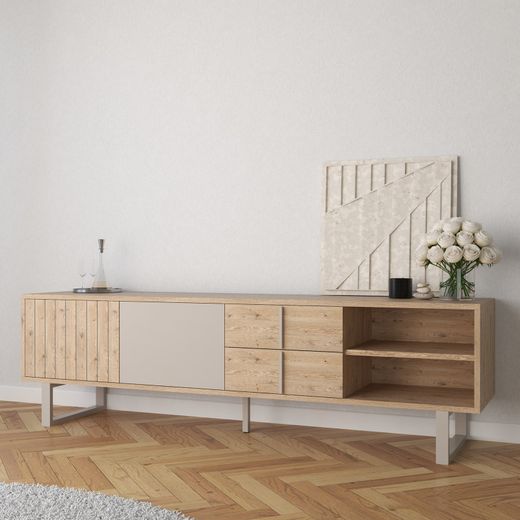 Stojak pod telewizor z drewna i metalu w kolorze dębu i szarości, 180 x 40 x 51,5 cm | Millay