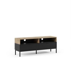 Wooden and metal TV stand in oak and black, 140 x 40 x 55 cm | Marion