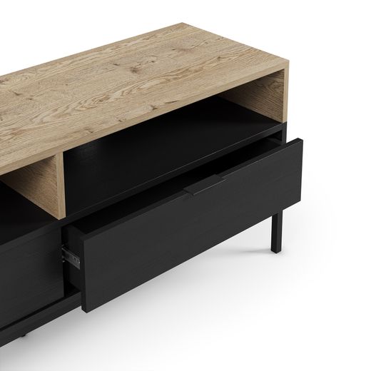 Wooden and metal TV stand in oak and black, 140 x 40 x 55 cm | Marion