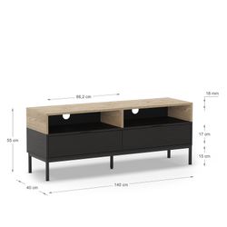 Wooden and metal TV stand in oak and black, 140 x 40 x 55 cm | Marion