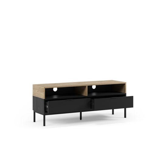 Wooden and metal TV stand in oak and black, 140 x 40 x 55 cm | Marion
