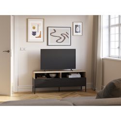 Wooden and metal TV stand in oak and black, 140 x 40 x 55 cm | Marion