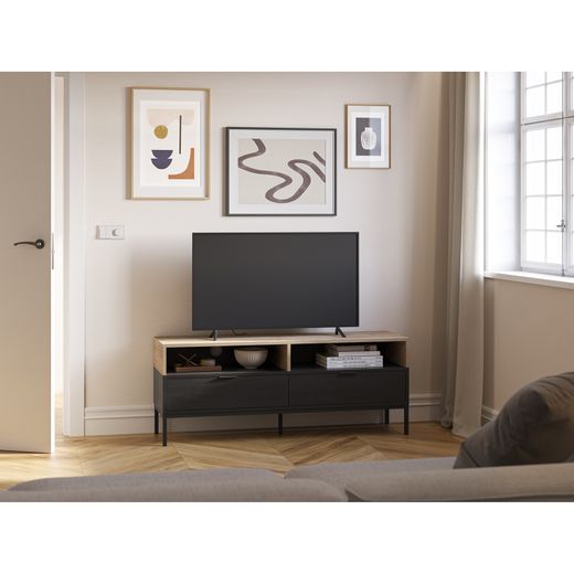 Wooden and metal TV stand in oak and black, 140 x 40 x 55 cm | Marion