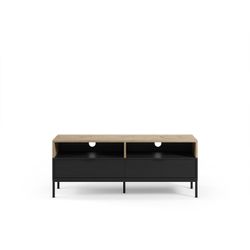 Wooden and metal TV stand in oak and black, 140 x 40 x 55 cm | Marion