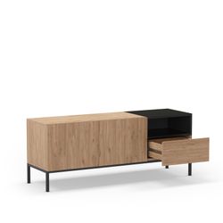 Wooden and metal TV stand in oak and black, 140 x 42 x 55 cm | Cailin
