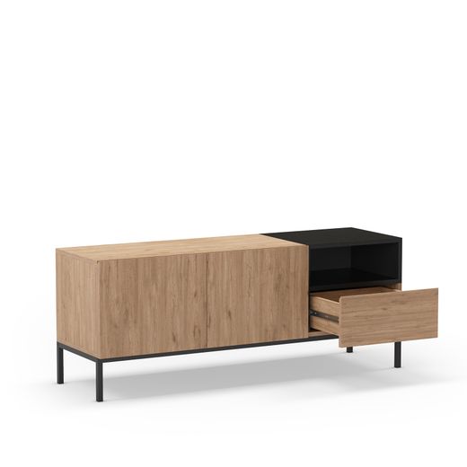 Wooden and metal TV stand in oak and black, 140 x 42 x 55 cm | Cailin