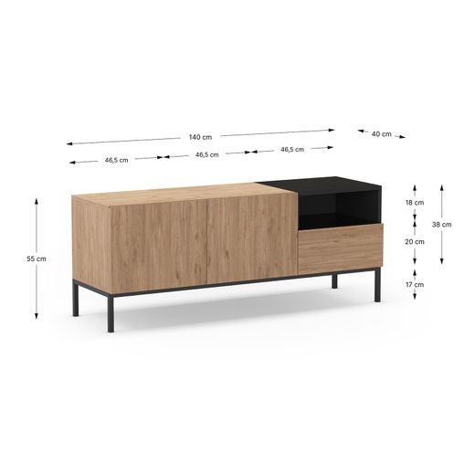 Wooden and metal TV stand in oak and black, 140 x 42 x 55 cm | Cailin