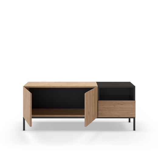 Wooden and metal TV stand in oak and black, 140 x 42 x 55 cm | Cailin