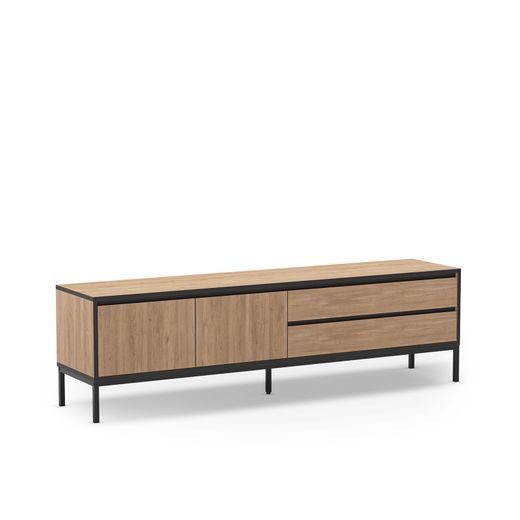 Mueble TV de madera y metal en color roble y negro, 180 x 40 x 55 cm | Lorenza