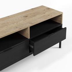 Wooden and metal TV stand in oak and black, 180 x 40 x 55 cm | Marion