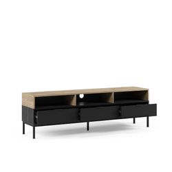 Wooden and metal TV stand in oak and black, 180 x 40 x 55 cm | Marion