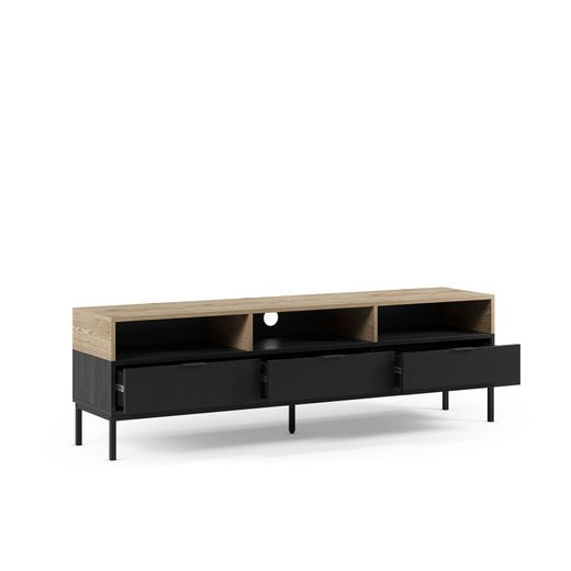 Wooden and metal TV stand in oak and black, 180 x 40 x 55 cm | Marion