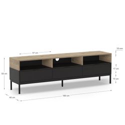 Wooden and metal TV stand in oak and black, 180 x 40 x 55 cm | Marion