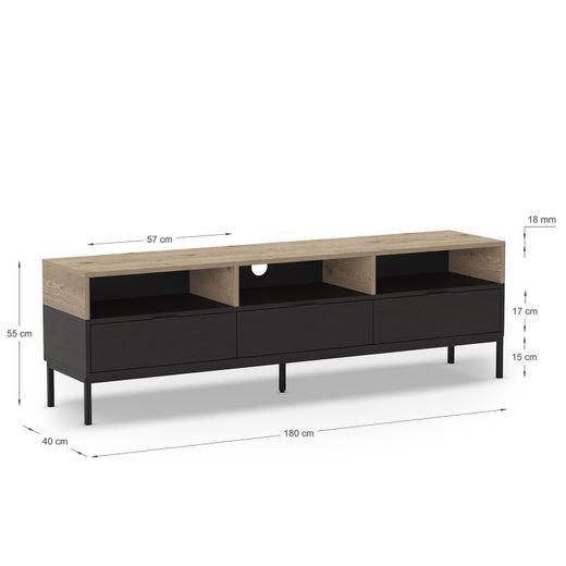Wooden and metal TV stand in oak and black, 180 x 40 x 55 cm | Marion