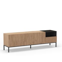 Wooden and metal TV stand in oak and black, 180 x 42 x 55 cm | Cailin