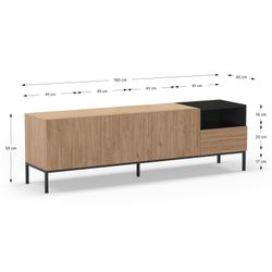 Wooden and metal TV stand in oak and black, 180 x 42 x 55 cm | Cailin
