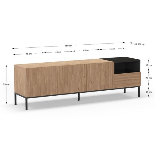 Wooden and metal TV stand in oak and black, 180 x 42 x 55 cm | Cailin