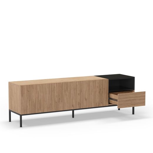 Wooden and metal TV stand in oak and black, 180 x 42 x 55 cm | Cailin