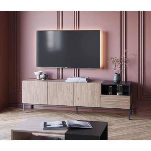 Wooden and metal TV stand in oak and black, 180 x 42 x 55 cm | Cailin