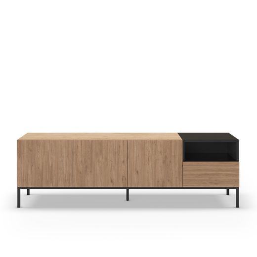 Wooden and metal TV stand in oak and black, 180 x 42 x 55 cm | Cailin