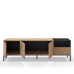Wooden and metal TV stand in oak and black, 180 x 42 x 55 cm | Cailin