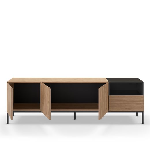 Wooden and metal TV stand in oak and black, 180 x 42 x 55 cm | Cailin
