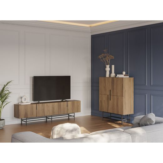 TV-meubel van hout en metaal in eikenhout en zwart, 200 x 35 x 55 cm | Eldia