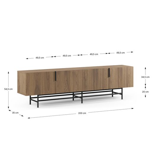 TV-meubel van hout en metaal in eikenhout en zwart, 200 x 35 x 55 cm | Eldia