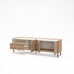 Wood and metal TV unit in oak and mink color, 180 x 44 x 55.5 cm | Monza
