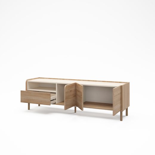 Wood and metal TV unit in oak and mink color, 180 x 44 x 55.5 cm | Monza