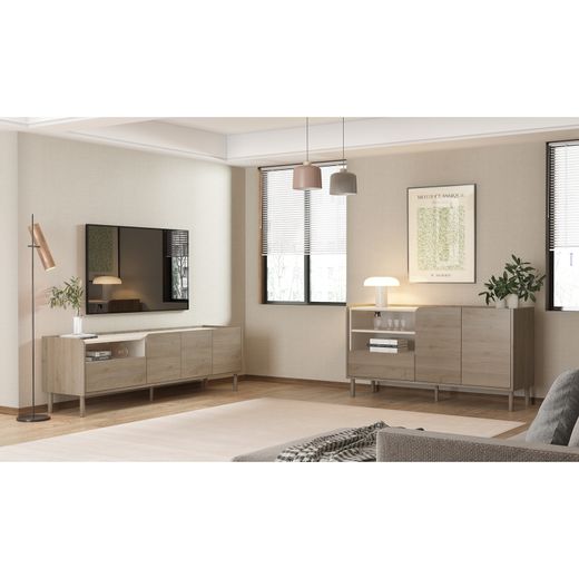 Wood and metal TV unit in oak and mink color, 180 x 44 x 55.5 cm | Monza