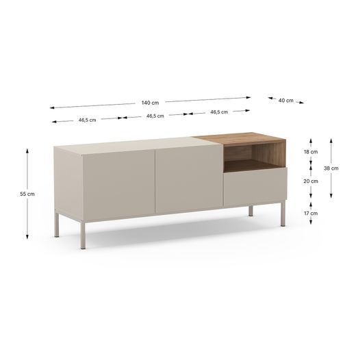 TV stand in wood and metal, cream and oak color, 140 x 42 x 55 cm | Cailin