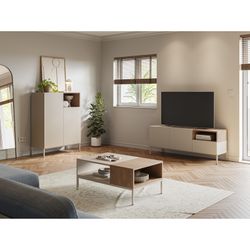 TV stand in wood and metal, cream and oak color, 140 x 42 x 55 cm | Cailin