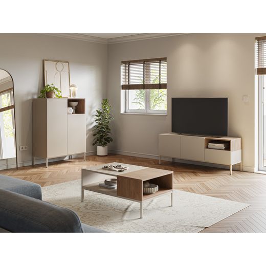 TV stand in wood and metal, cream and oak color, 140 x 42 x 55 cm | Cailin