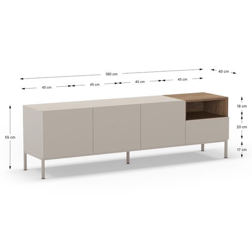 TV stand in wood and metal, cream and oak color, 180 x 42 x 55 cm | Cailin