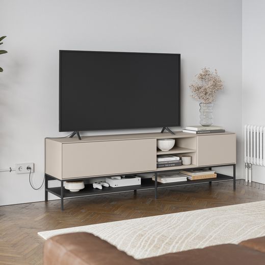 TV stand in wood and metal, cream and black, 180 x 35 x 55 cm | Amira