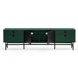 Mueble TV de madera y metal en verde oscuro y negro, 180 x 40 x 52 cm | Punto