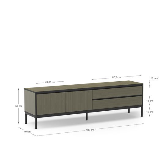 TV-meubel van hout en metaal in groen en zwart, 180 x 40 x 55 cm | Lorenza