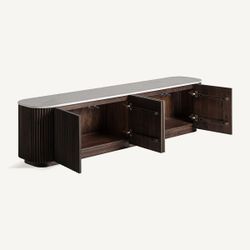 Mueble TV de madera y piedra en marrón, 200 x 40 x 50 cm | Cenves