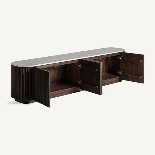 Mueble TV de madera y piedra en marrón, 200 x 40 x 50 cm | Cenves