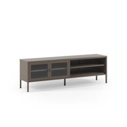 TV-meubel van metaal en gehard glas in mokkakleur, 160 x 35 x 50 cm | Layna