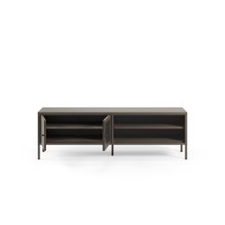TV-meubel van metaal en gehard glas in mokkakleur, 160 x 35 x 50 cm | Layna