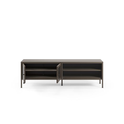 TV-meubel van metaal en gehard glas in mokkakleur, 160 x 35 x 50 cm | Layna