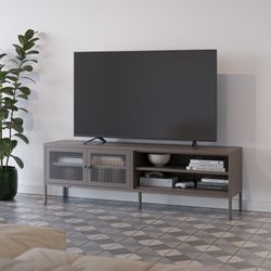TV-meubel van metaal en gehard glas in mokkakleur, 160 x 35 x 50 cm | Layna
